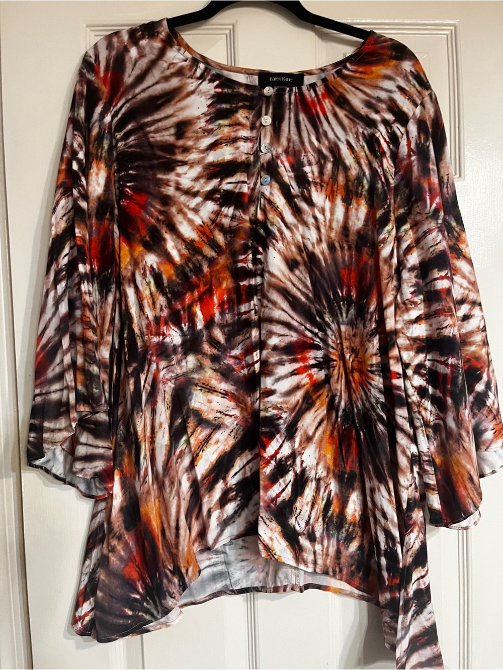 NWT Karen Kane Tie-Dye Button Front Tunic - Brown, Black, Orange, Cream